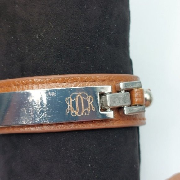 ADR Monogram on Silver Tone Plate Faux Leather Bracelet - Picture 4 of 6